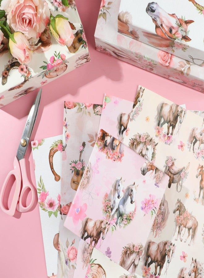 Pineraap 12 Sheets Horse Floral Wrapping Paper, Cowgirl Gift Wrap Paper, Rose Themed Western Derby Wrapping Papers for DIY Crafts, Girls Birthday, Baby Shower, Wedding, Graduation Gift, 27.6 x 19.7In - Image 4